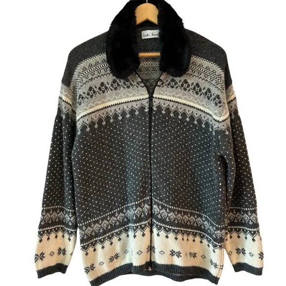Women’s Vintage Lambswool Angora Blend Fairisle Cardigan Sweater Faux Fur Collar - Picture 1 of 6